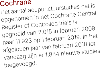 CochraneHet aantal acupunctuurstudies dat is opgenomen in het Cochrane Central Register of Controlled trials is gegroeid van 2.015 in februari 2009 naar 11.923 op 1 februari 2019. In het afgelopen jaar van februari 2018 tot vandaag zijn er 1.884 nieuwe studies toegevoegd.